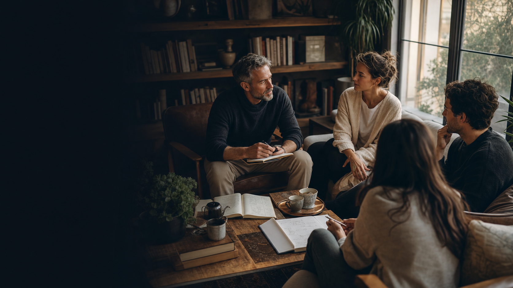 A relaxed small group mentoring conversation in a warm library lounge